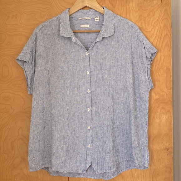 Weatherproof Pinstripe Blue and White Linen Short Sleeve Shirt With Collar XL - Picture 1 of 5